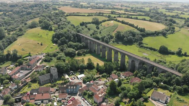Aerial drone shot of viaduct in Pensford village, Bristol, UK