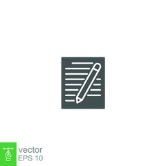 Paper, Contact Form business glyph icon. pencil with paper, notepad with pen. Write personal document, edit Worksheet letter, Notes file contract Vector illustration Design on white background. EPS 10
