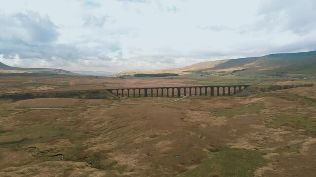 Aerial drone shot of Ribblehead Viaduct in Yorkshire Dales National Park