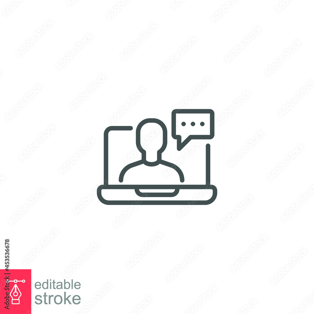 Aufkleber webinar online class line icon. monitor screen, user chat discussion for consulting virtual classroo
