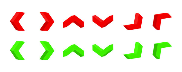 Red and green 3d arrows set. Up, right, left and down pointer symbols. 