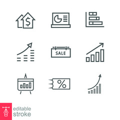Sale icon outline set. Sales marketing include money growth, graph increase, ticket on sale, sale tag, chart. Traffic Management. Editable stroke Vector illustration Design on white background. EPS 10