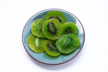 Fototapeta na wymiar Dried kiwi fruit in plate on white background