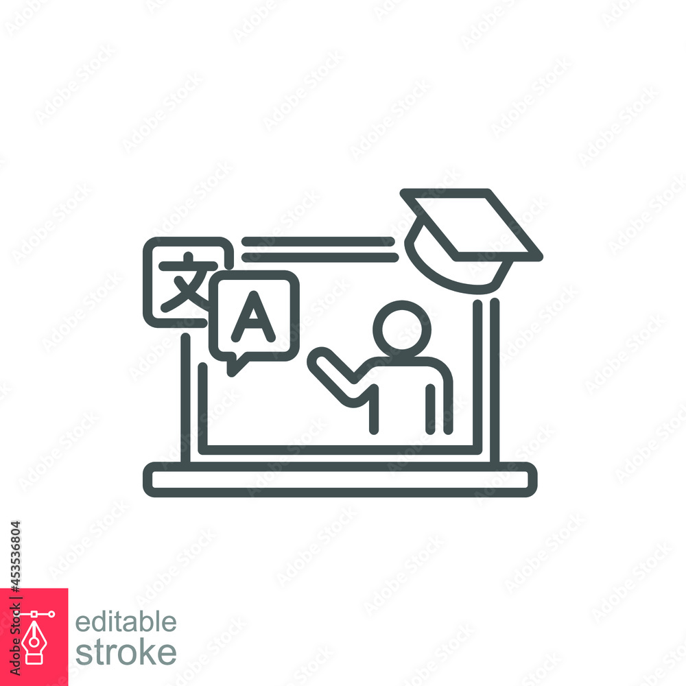 Aufkleber online language tutoring outline icon. virtual learning foreign languages lessons. distance web lear