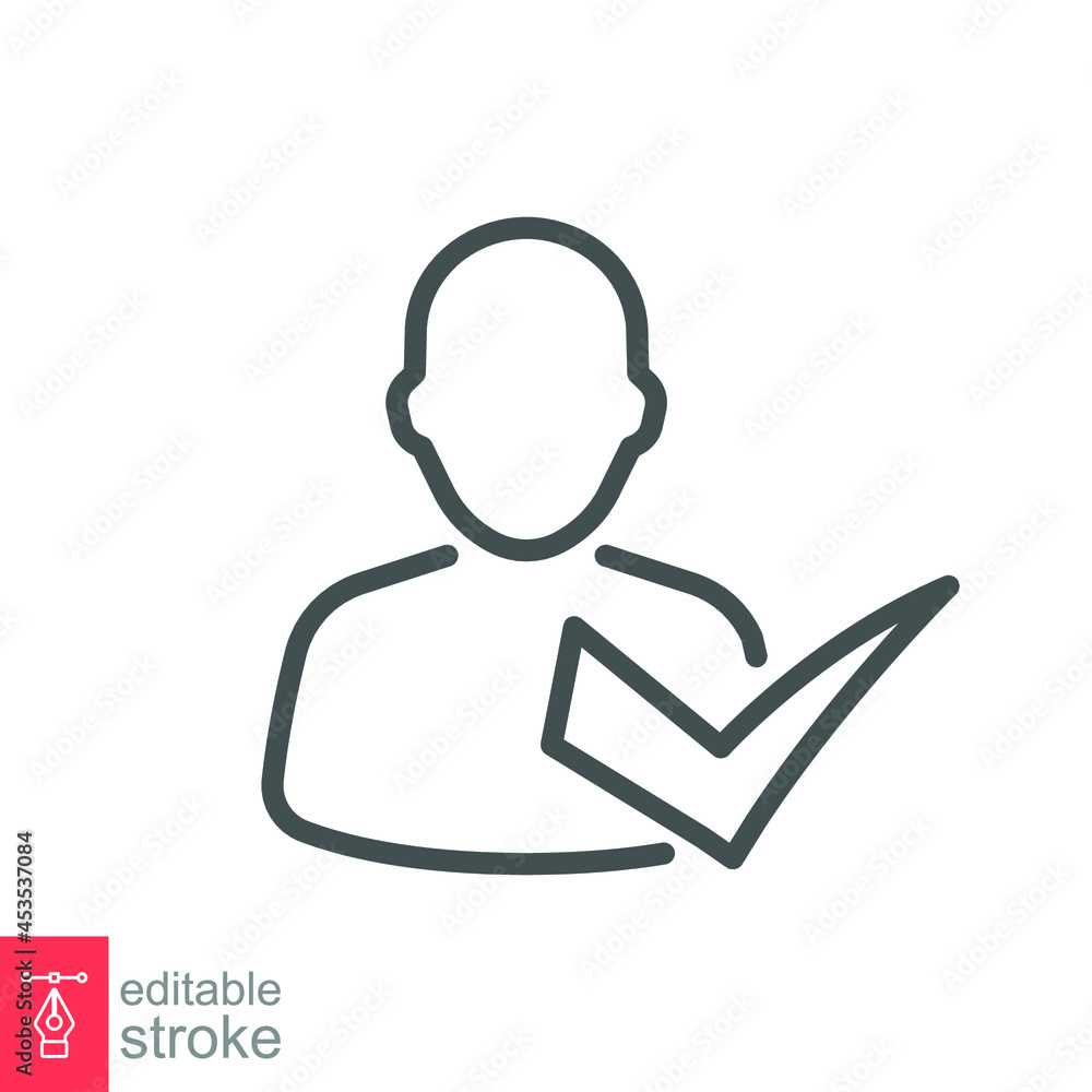 Poster checking attendance line icon. valid checkmark verification person accepted man, account verified us