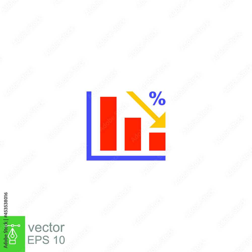 Poster flat design style tax percentage decrease icon. analytics chart statistic with arrow decrease progre
