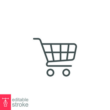Shopping cart line icon. Trolley or shopping bag in grocery market, supermaket. Add purchase item Logo in online shopping symbol. Editable stroke vector illustration design on white background. EPS 10