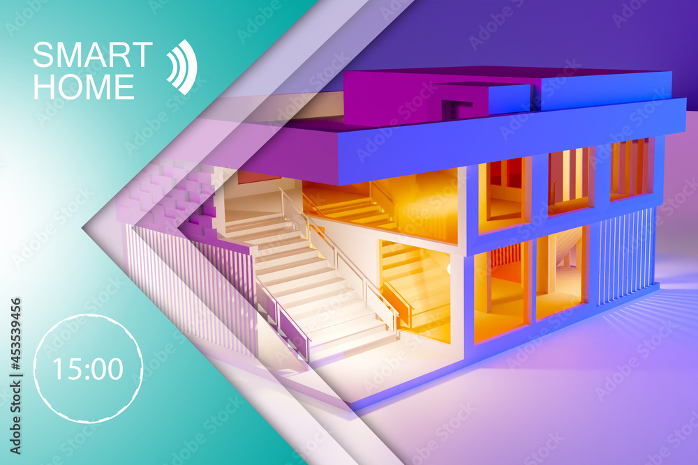 Poster smart home technology. cottage is equipped with smart home technology. model of the cottage next to 