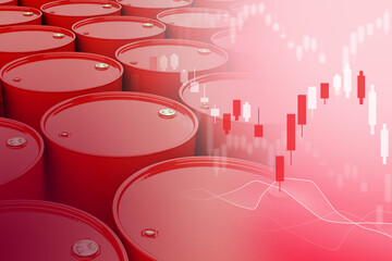 Obraz premium Quotes next to barrels. red barrels represent crude oil. Investments in oil refining. Purchase of shares in oil companies. Shares of petroleum companies. Investment in petroleum company. 3d image