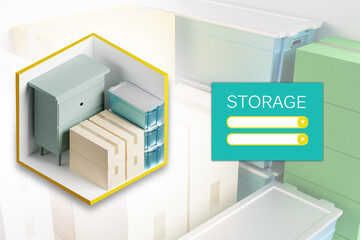 Storage business illustration. Place to select Storage Units parameters. Demonstration of capacity of Self storage. Warehouse company website interface. Safekeeping boxes in background. 3d image