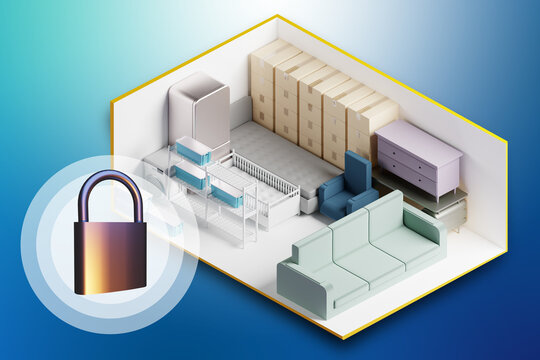 Rental Storage Units. Demonstration of fullness of warehouse unit. Warehouse container cutaway. Storage Units with home furnishings and boxes.  lock symbolizes safety of warehouse container. 3d image