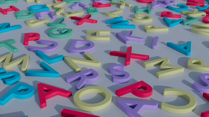 Fototapeta premium Abstract pattern education background. Multicolored English alphabets on white flat surface side view. 3D rendering illustration. 