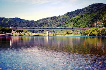 Tableaux ronds sur plexiglas Le pont Kintai 錦川から見た陸橋