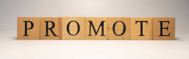 The word PROMOTE was created from wooden cubes. close up.