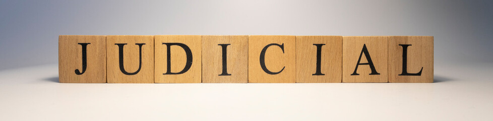 The word Judicial was created from wooden cubes. State and law.