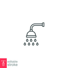 Shower icon. Showerheads simple with water drops, shower head, Bathroom, Bath time sign  for your web site and mobile apps. Editable stroke. line Vector illustration design on white background. EPS 10