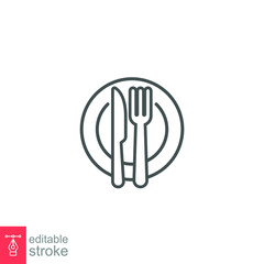 Plate and knife with a fork icon, dinner, meal, eat cutlery, outline style Restaurant dish dining table set. Tableware, silverware Editable stroke Vector illustration design on white background EPS 10