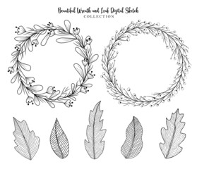 Floral Wreath and Leaf Digital Sketch