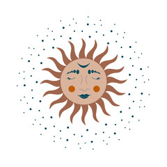 Modern pattern in vintage style, the sun with a face, engraving. Celestial illustration of sun with face and opened eyes, stylized drawing, tarot card. Mystical colorful sun.