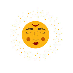 Modern pattern in vintage style, the sun with a face, engraving. Celestial illustration of sun with face and opened eyes, stylized drawing, tarot card. Mystical colorful sun.