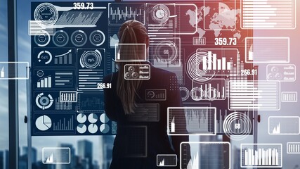 Big Data Technology for Business Finance Analytic conceptual . Modern graphic interface shows massive information of business sale report, profit chart and stock market trends analysis .