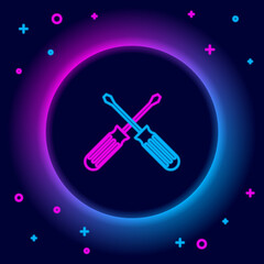 Glowing neon line Crossed screwdrivers icon isolated on black background. Service tool symbol. Colorful outline concept. Vector