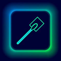 Glowing neon line Garden shovel icon isolated on black background. Gardening tool. Tool for horticulture, agriculture, farming. Colorful outline concept. Vector