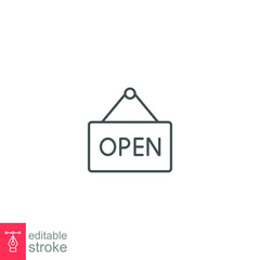 welcome open store icon. Open the door tag for market notice. store opening advertising. Hanging information onboard,  line style Editable stroke Vector illustration design on white background EPS 10 