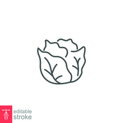 Cabbage icon. Green organic vegetable and food logo. vegetarian salad recipe. Fresh  leaves lettuce. Outline style pictogram Editable stroke. Vector illustration. Design on white background. EPS 10 