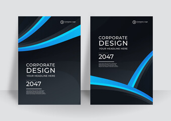 Modern blue black white brochure design, cover modern layout, annual report, poster, flyer in A4 with colorful waves, geometric shapes for tech, science, market with light background
