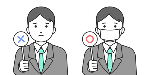 マスク着用を勧めるビジネスマンの線画イラスト