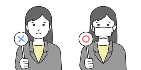 マスク着用を勧めるビジネスウーマンの線画イラスト