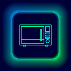 Glowing neon line Microwave oven icon isolated on black background. Home appliances icon. Colorful outline concept. Vector