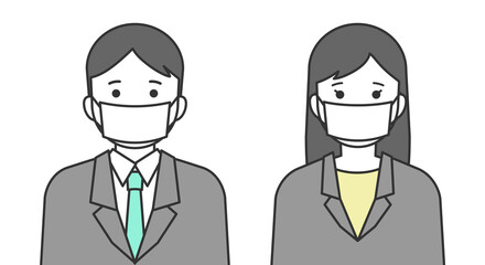 マスクをつけた会社員の線画イラスト