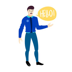 Happy man people say hello cartoon doodle flat design style vector illustration