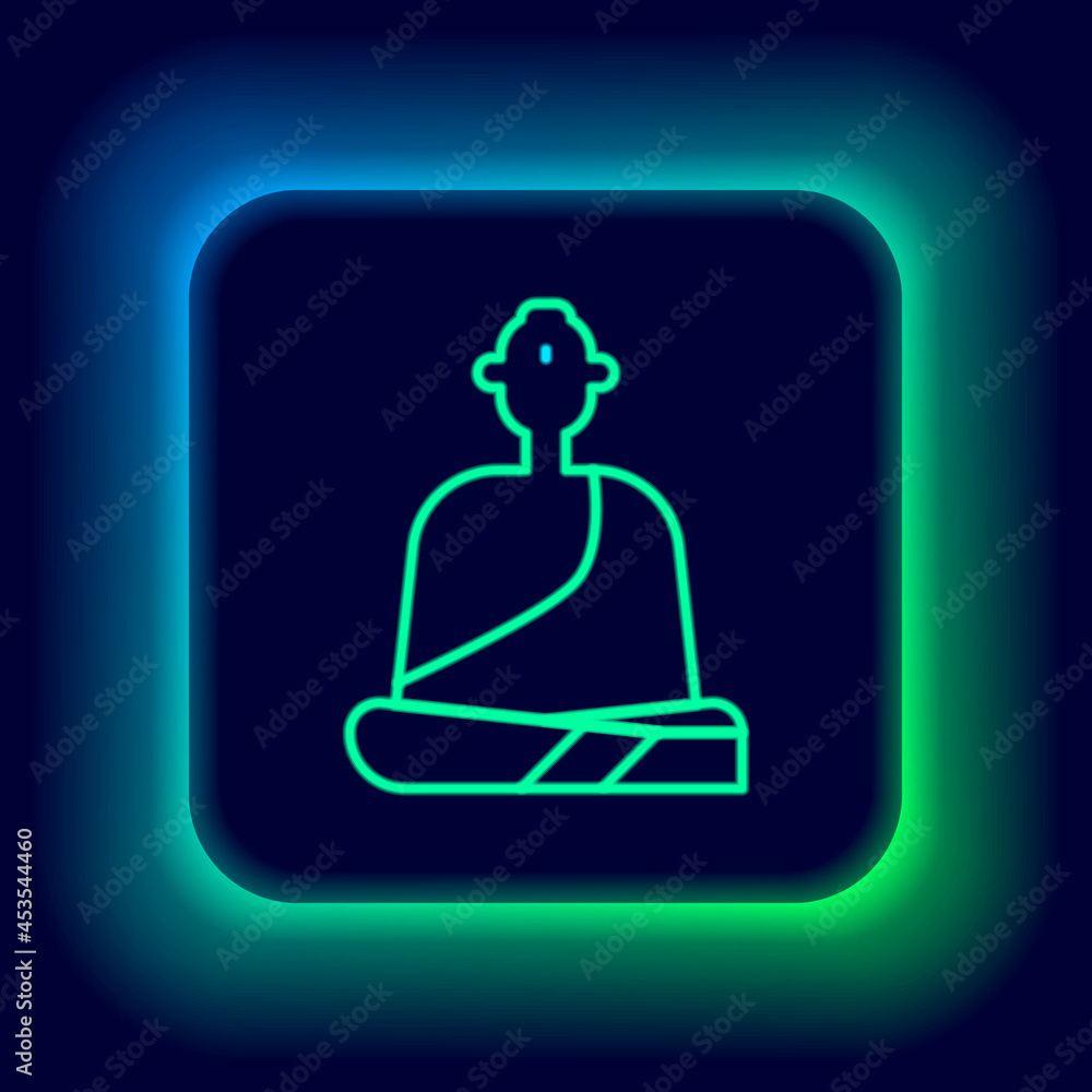 Sticker Glowing neon line Buddhist monk in robes sitting in meditation icon isolated on black background. Colorful outline concept. Vector