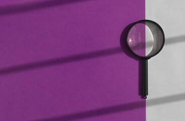 Black magnifier over violet purple background. Search tool on banner with copy space for text.