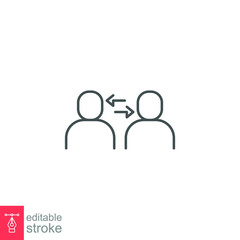 Interpersonal relationship icon, acquaintance skill.  close care conversation. Two people interacting and associating  each other. Editable stroke vector illustration design on white background EPS 10