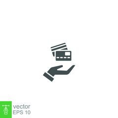 Hand hold credit card glyph icon, cash pay machine. swipe, id, financial digital cashless business online sale discount payment logo pictogram vector illustration design on white background. EPS 10