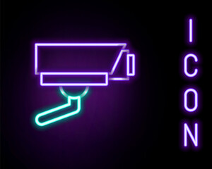 Glowing neon line Security camera icon isolated on black background. Colorful outline concept. Vector