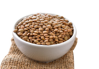 lentils in white bowl on white background