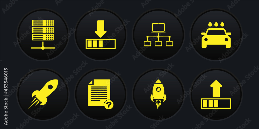 Poster set rocket ship with fire, car wash, unknown document, , computer network and loading icon. vector
