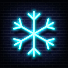 Snowflake blue shape design neon light style. Electric sign glowing isolated on dark brick wall background. Symbol of winter, temperature, weather. Abstract element for decor. Vector illustration.