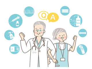 腕を組んでエネルギッシュなシニア医療専門家と医療アイコン