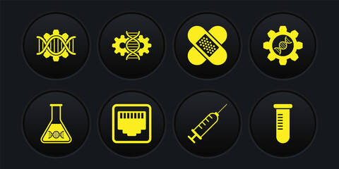 Set DNA research, search, Genetic engineering, Network port cable socket, Syringe, Crossed bandage plaster and editing icon. Vector