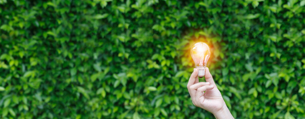 Hand holding Light bulb with light flare green nature background. eco innovation environmental and...
