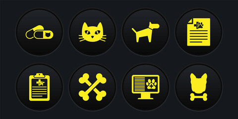 Set Clinical record pet, Medical certificate for dog cat, Crossed bones, monitor, Dog and Cat icon. Vector