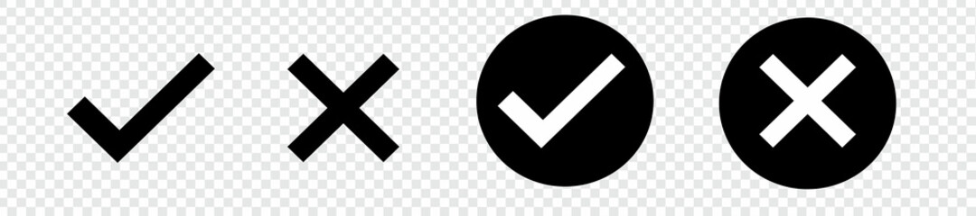 Check mark, Cross mark black icon set. Isolated checkmark symbol, right and wrong sign concept. Vector illustration