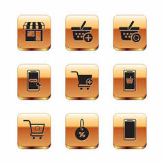 Set Market store, Refresh shopping cart, Discount percent tag, Add Shopping, Mobile and, basket, Smartphone, mobile phone and icon. Vector