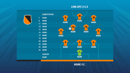 Football or soccer match lineups formation infographic. Set of football player position on soccer field. Football kit or soccer jersey icon with logo in flat design. Vector Illustration. © tondruangwit